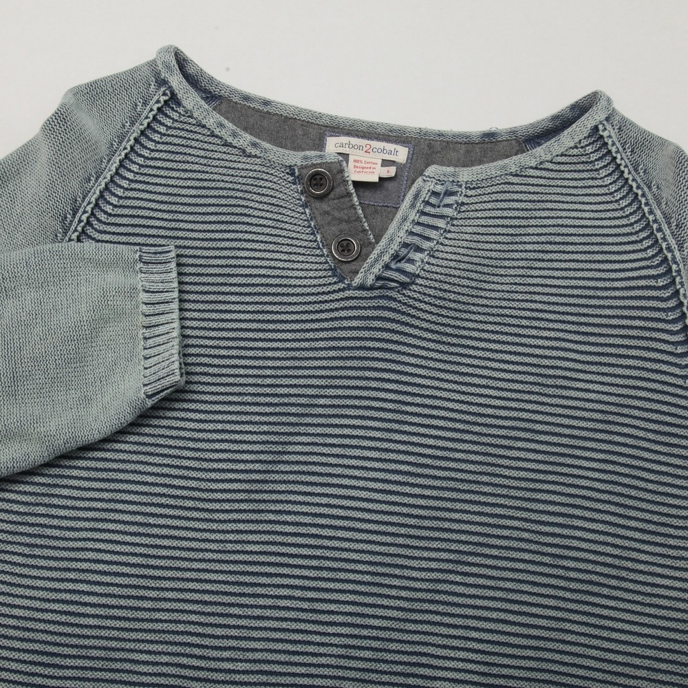 Carbon2Cobalt Men's Waterman Sweater L Large Faded Blue Striped Henley Knit
